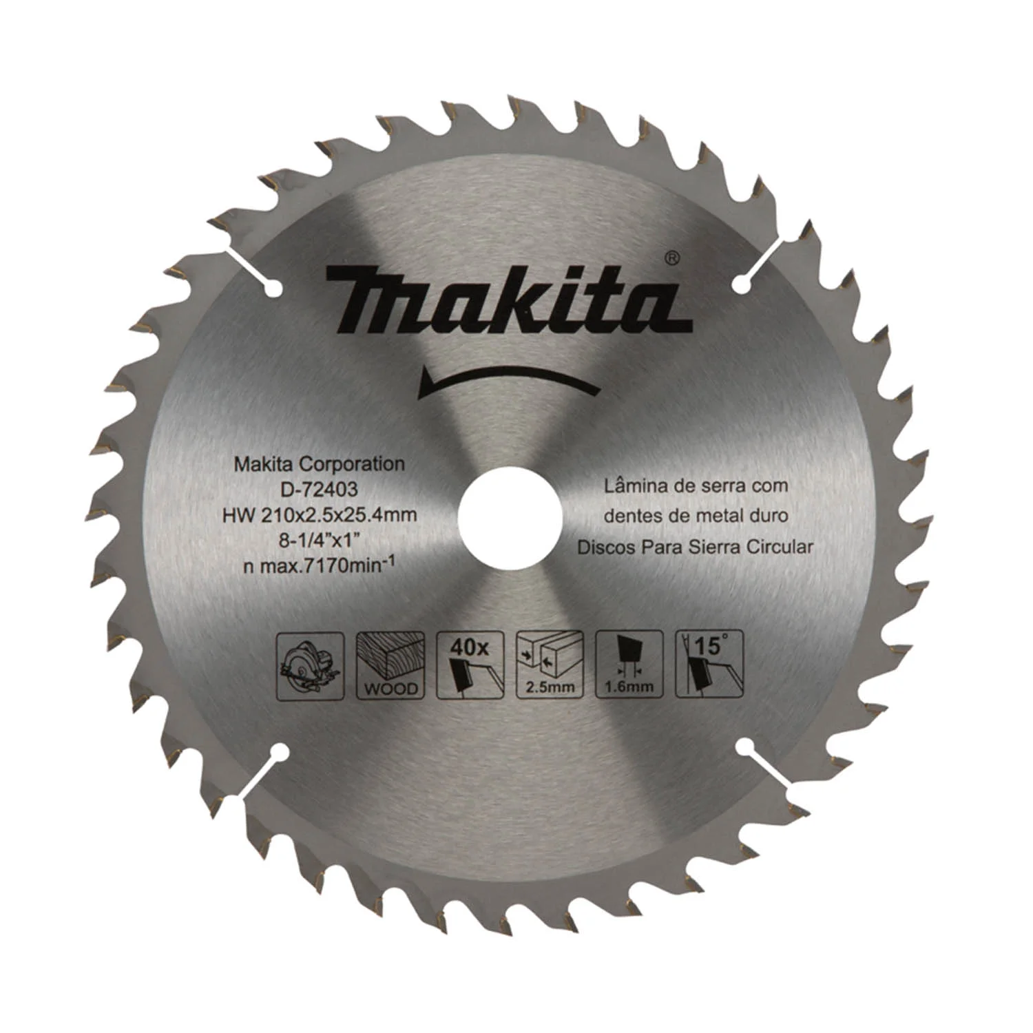 Disco De Sierra T.C.T., P/Madera 8-1/4″ X 40T, Eje 25,4 Mm. Y Buje 15,88 Mm.