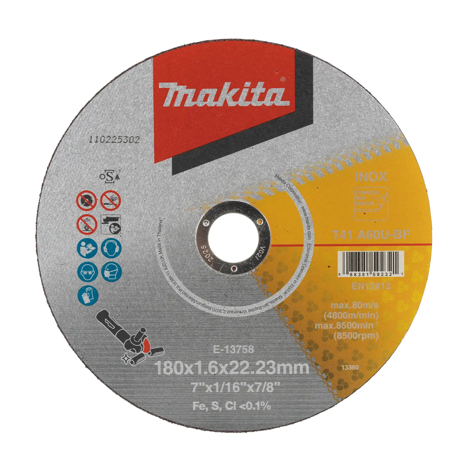 Disco Abrasivo Corte Acero Inox, 7″ C,D ( 180X 1,6 X 22,23 )