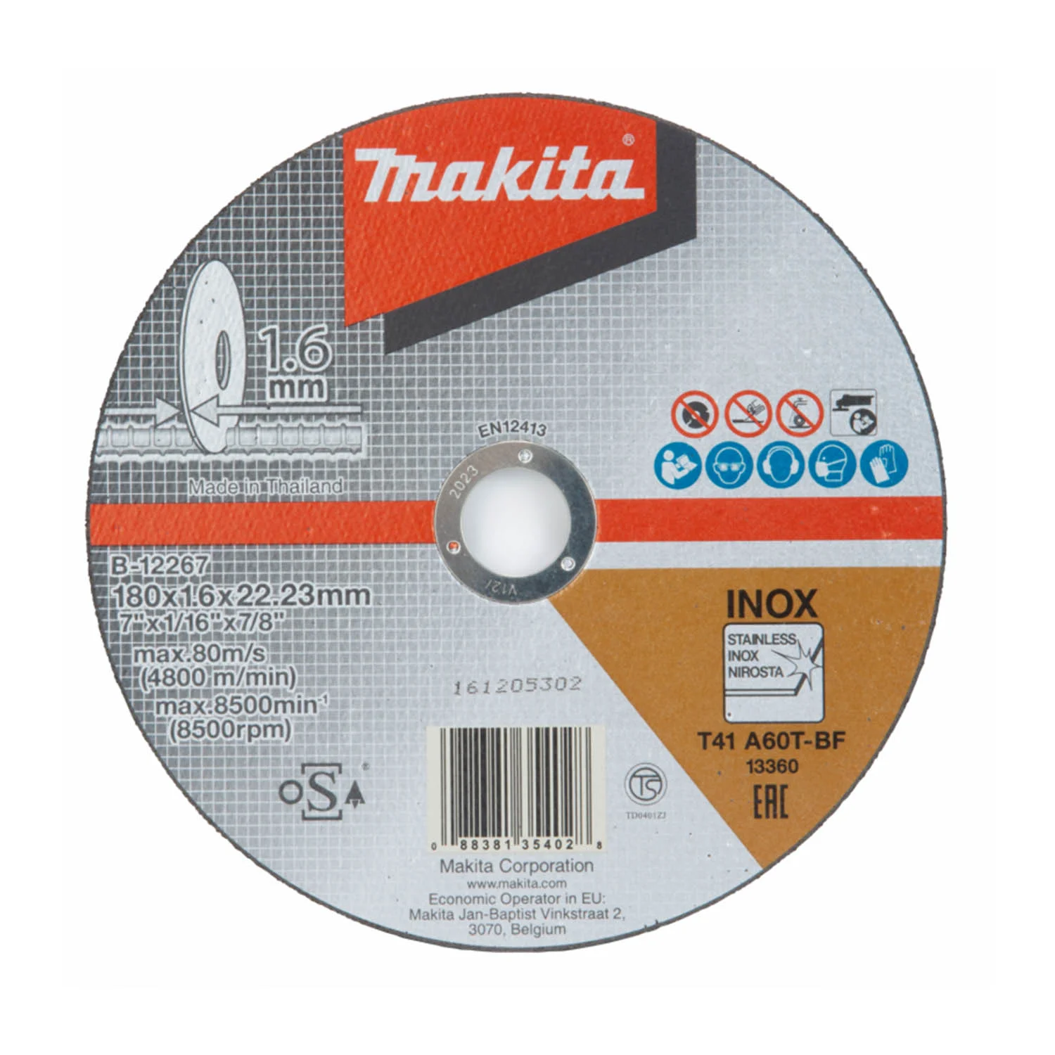 DISCO ABRASIVOCORTE ACERO INOX. 7″ C.D( 180X 1.6 X 22.23 )
