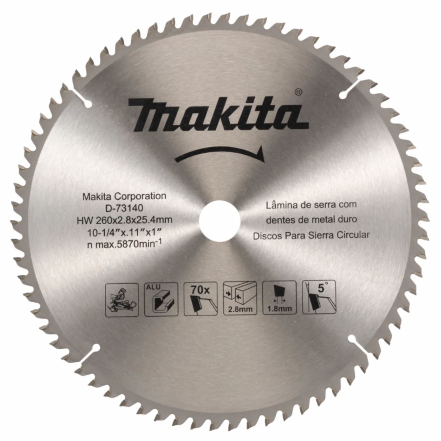 DISCO SIERRA ALUMUNIO 10-1/4″ 260×25.4x70T (Con Anillo 15.88mm)